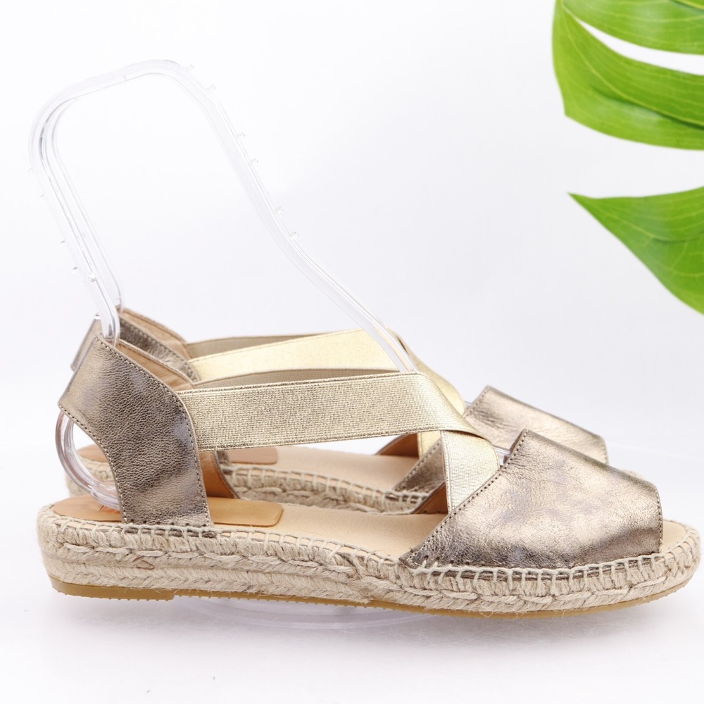 Kanna Womens Espadrille Sandals Size 11 Gold Leather Elastic Slingback Shoe Flat